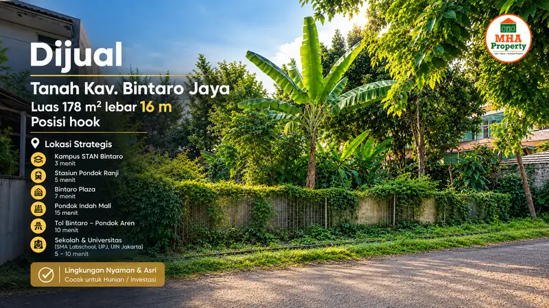 Tampak depan tanah kavling Bintaro Jaya lebar 16 m dari jalan perumahan