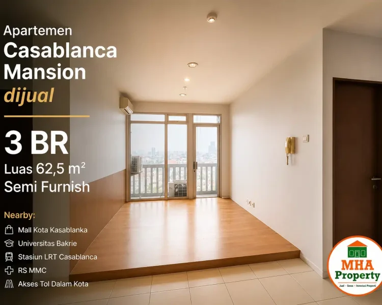 ruang tamu apartemen Casablanca Mansion 3 kamar tidur kondisi semi furnished