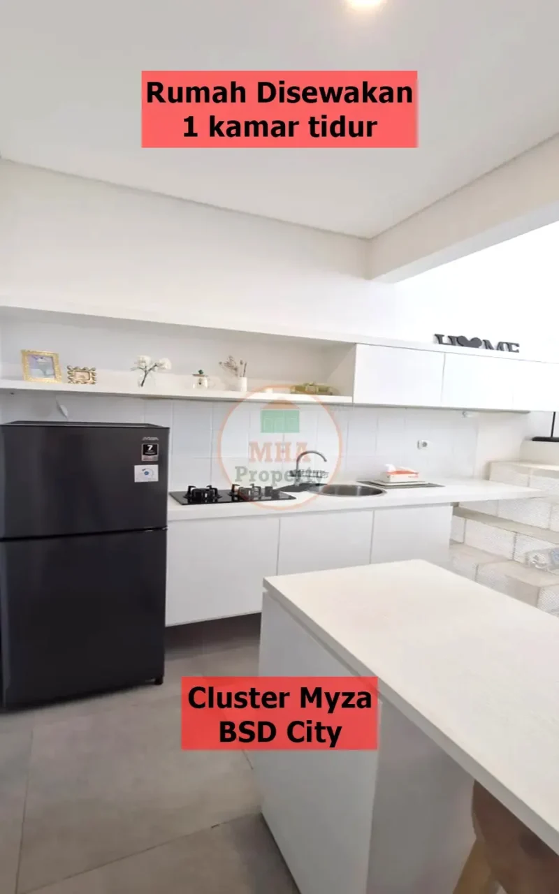 Interior kitchen set dan ruang makan rumah sewa Cluster Myza BSD